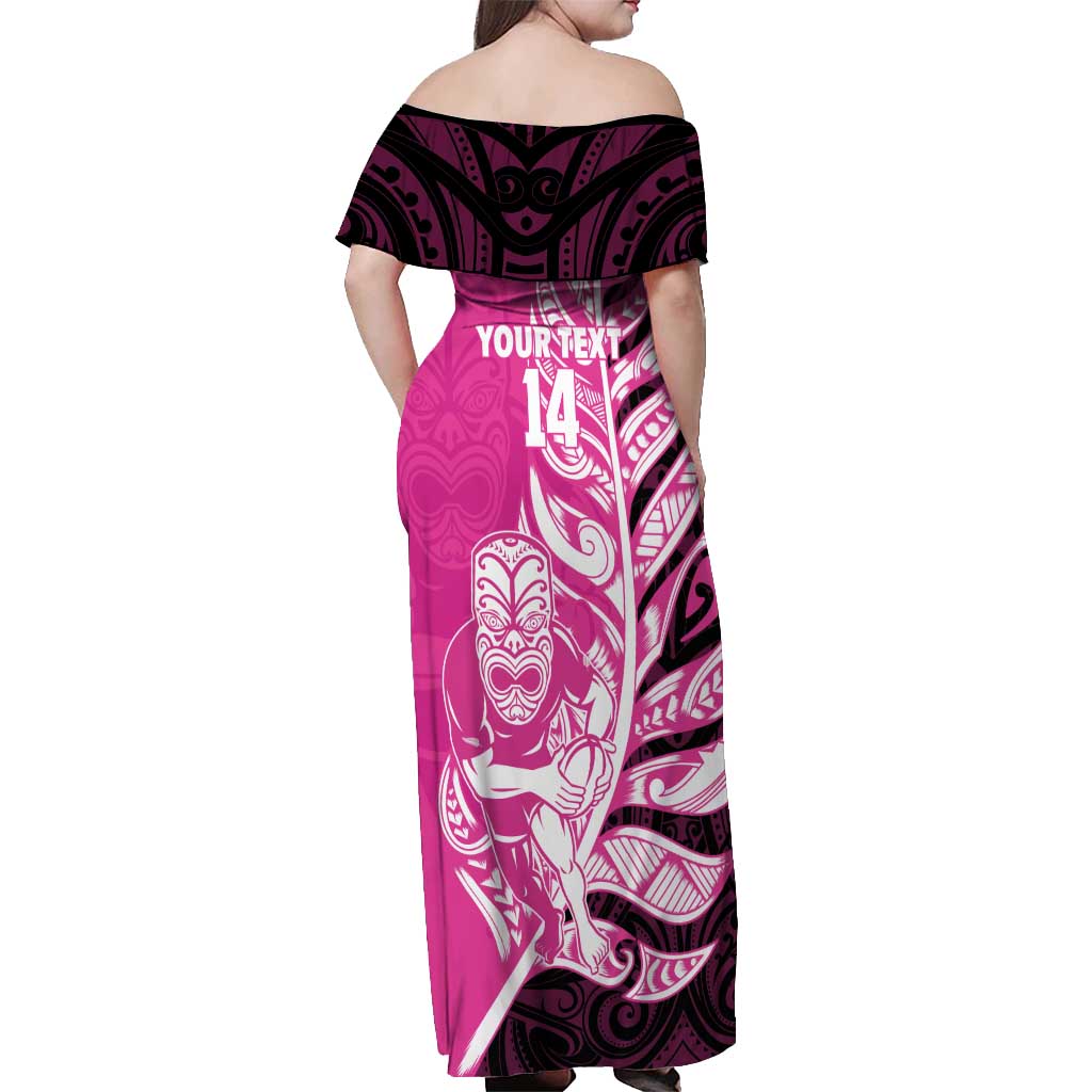 New Zealand Silver Fern Rugby Custom Off Shoulder Maxi Dress All Black Maori Pattern Pink LT14 - Polynesian Pride