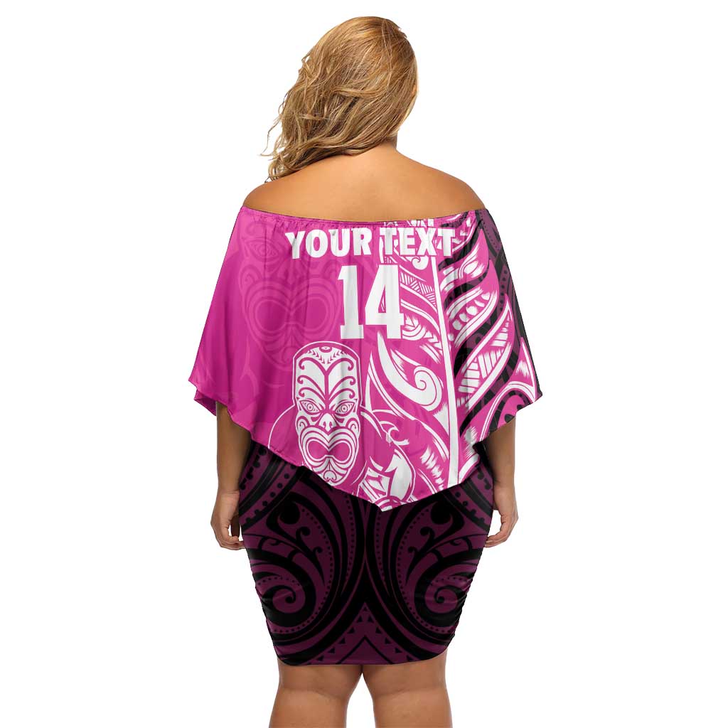 New Zealand Silver Fern Rugby Custom Off Shoulder Short Dress All Black Maori Pattern Pink LT14 - Polynesian Pride