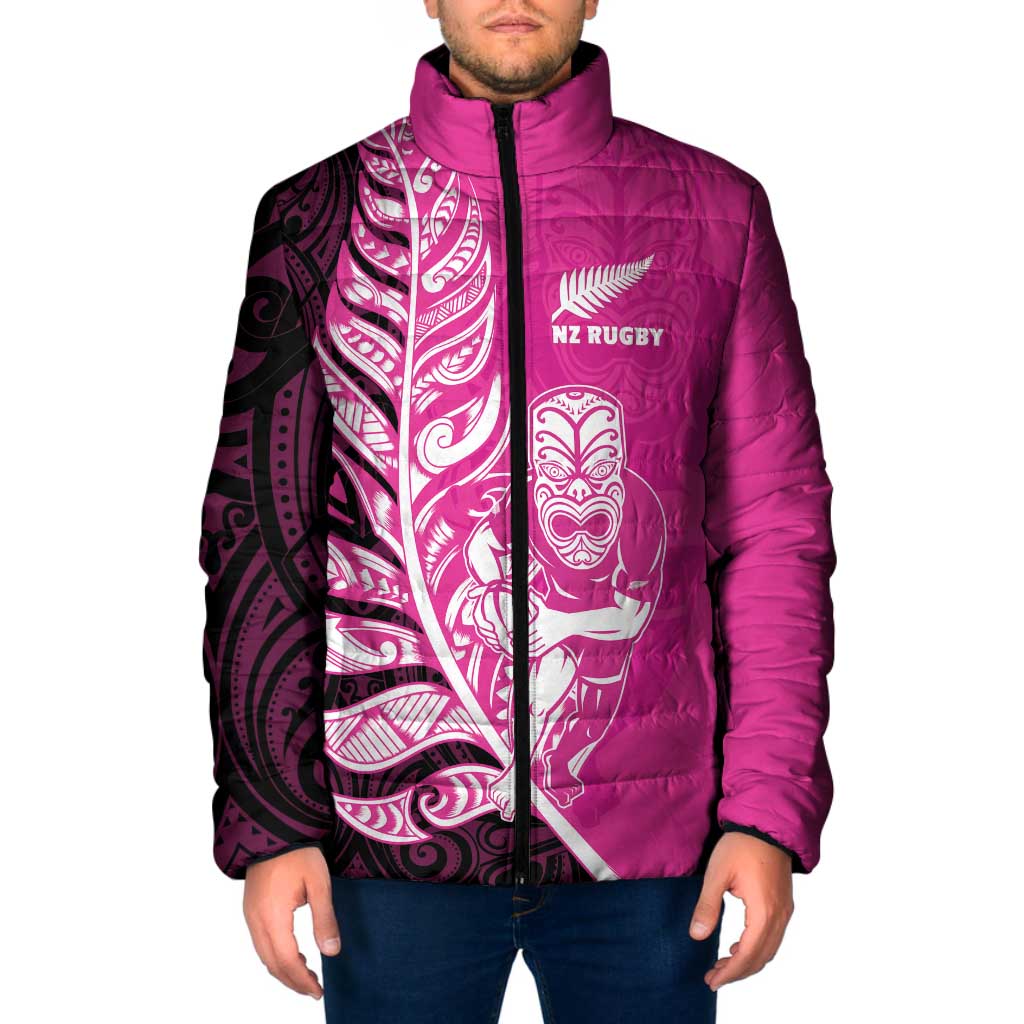 New Zealand Silver Fern Rugby Custom Padded Jacket All Black Maori Pattern Pink - Polynesian Pride