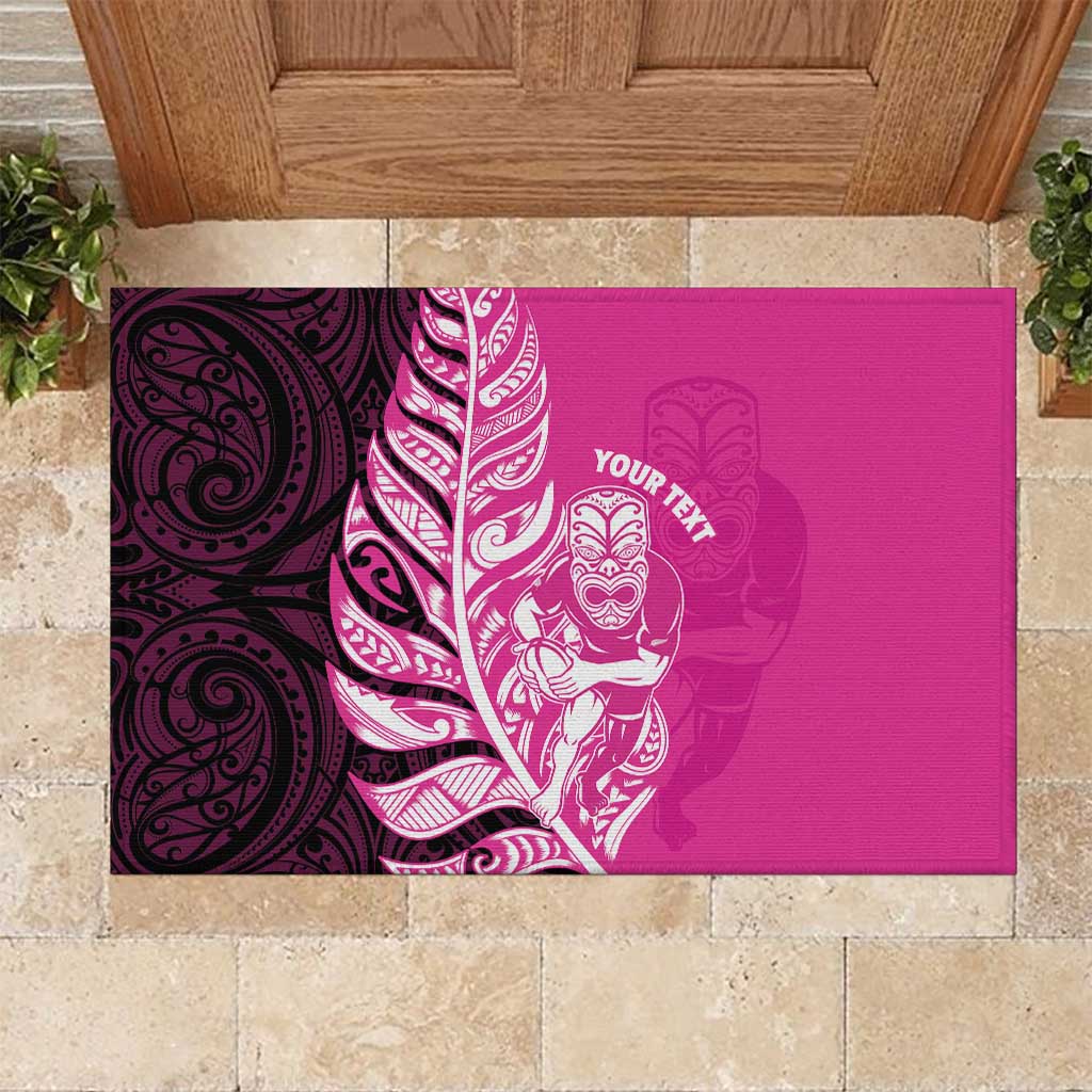 New Zealand Silver Fern Rugby Custom Rubber Doormat All Black Maori Pattern Pink - Polynesian Pride