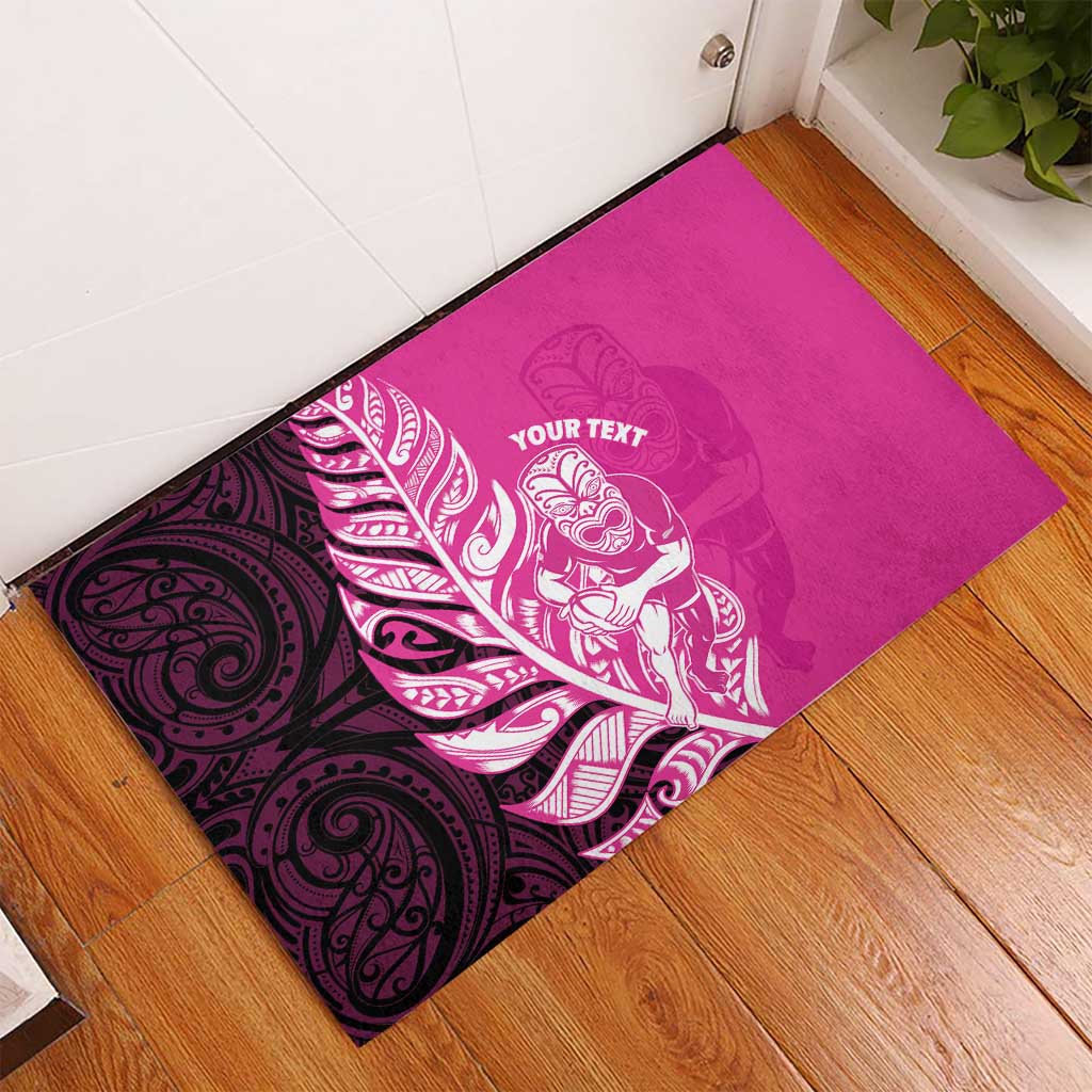 New Zealand Silver Fern Rugby Custom Rubber Doormat All Black Maori Pattern Pink - Polynesian Pride