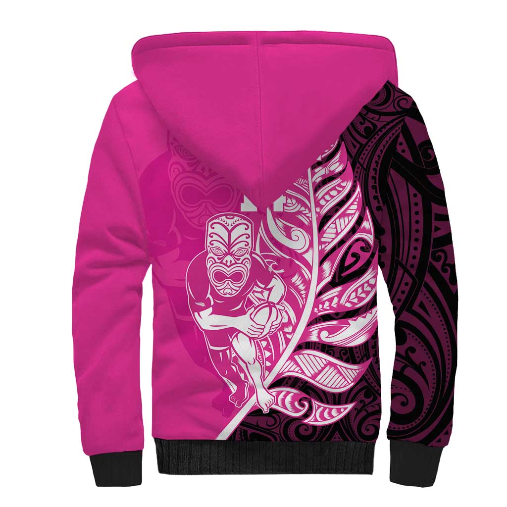 New Zealand Silver Fern Rugby Custom Sherpa Hoodie All Black Maori Pattern Pink LT14 - Polynesian Pride