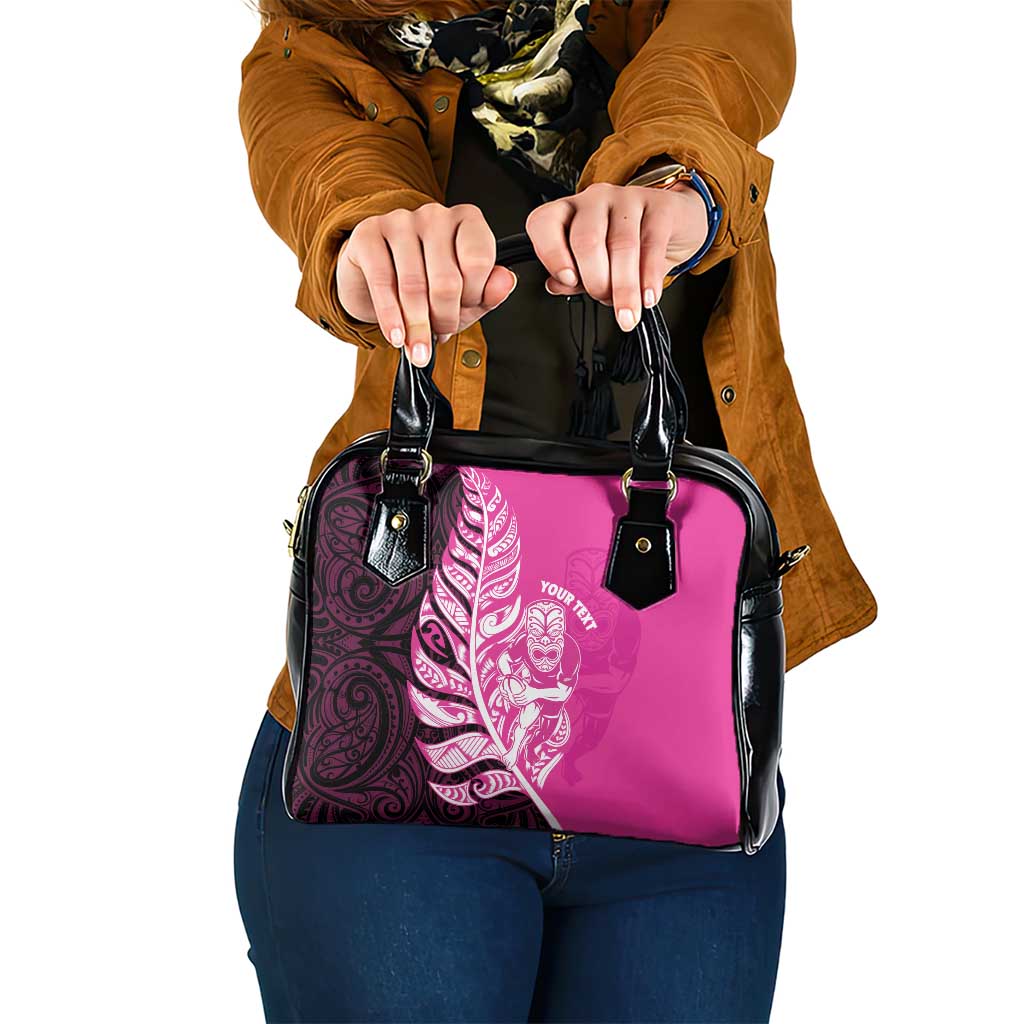 New Zealand Silver Fern Rugby Custom Shoulder Handbag All Black Maori Pattern Pink - Polynesian Pride