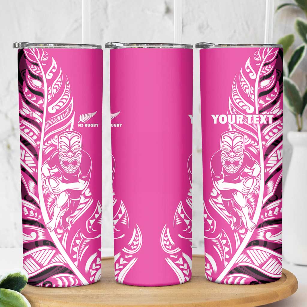 New Zealand Silver Fern Rugby Custom Skinny Tumbler All Black Maori Pattern Pink - Polynesian Pride