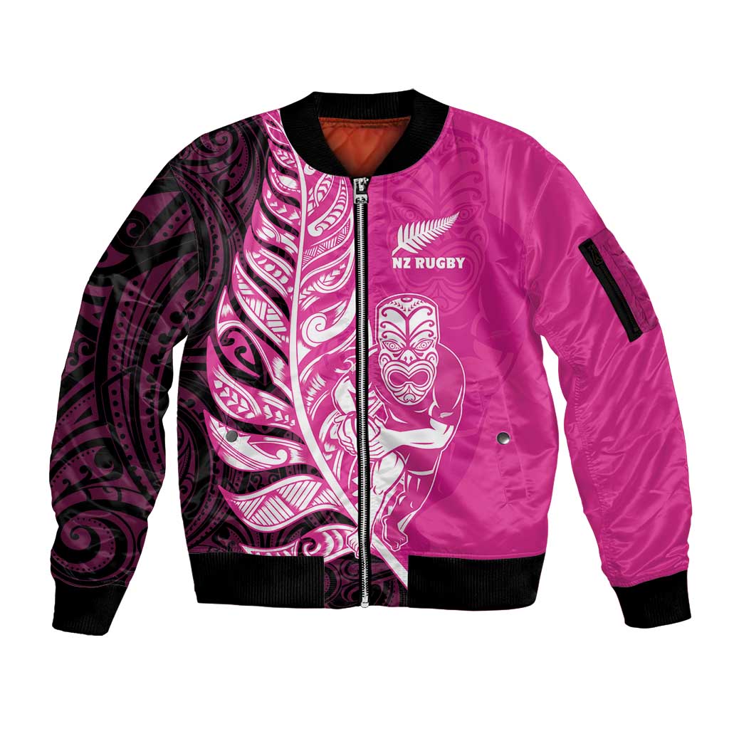 New Zealand Silver Fern Rugby Custom Sleeve Zip Bomber Jacket All Black Maori Pattern Pink - Polynesian Pride