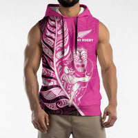 New Zealand Silver Fern Rugby Custom Sleeveless Hoodie All Black Maori Pattern Pink - Polynesian Pride