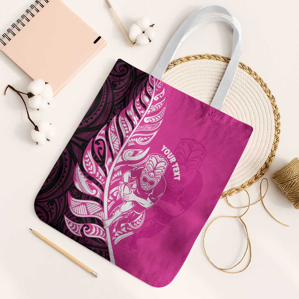 New Zealand Silver Fern Rugby Custom Tote Bag All Black Maori Pattern Pink - Polynesian Pride