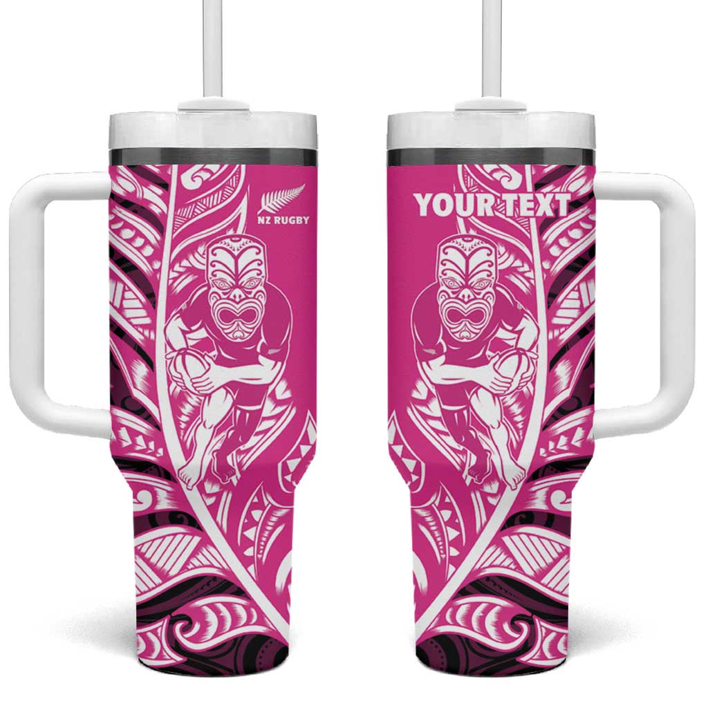 New Zealand Silver Fern Rugby Custom Tumbler With Handle All Black Maori Pattern Pink - Polynesian Pride