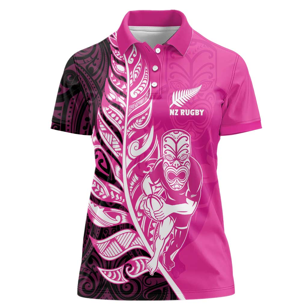 New Zealand Silver Fern Rugby Custom Women Polo Shirt All Black Maori Pattern Pink LT14 Female Pink - Polynesian Pride