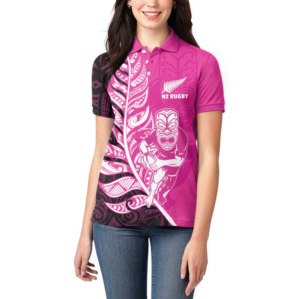 New Zealand Silver Fern Rugby Custom Women Polo Shirt All Black Maori Pattern Pink LT14 - Polynesian Pride