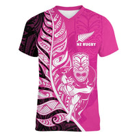 New Zealand Silver Fern Rugby Custom Women V-Neck T-Shirt All Black Maori Pattern Pink LT14 Female Pink - Polynesian Pride