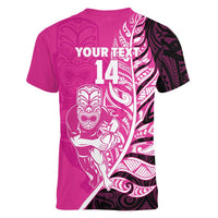 New Zealand Silver Fern Rugby Custom Women V-Neck T-Shirt All Black Maori Pattern Pink LT14 - Polynesian Pride
