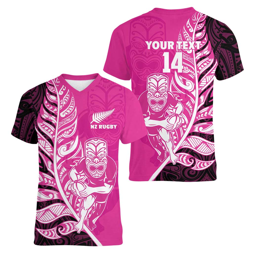 New Zealand Silver Fern Rugby Custom Women V-Neck T-Shirt All Black Maori Pattern Pink LT14 - Polynesian Pride