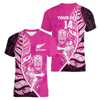 New Zealand Silver Fern Rugby Custom Women V-Neck T-Shirt All Black Maori Pattern Pink LT14 - Polynesian Pride