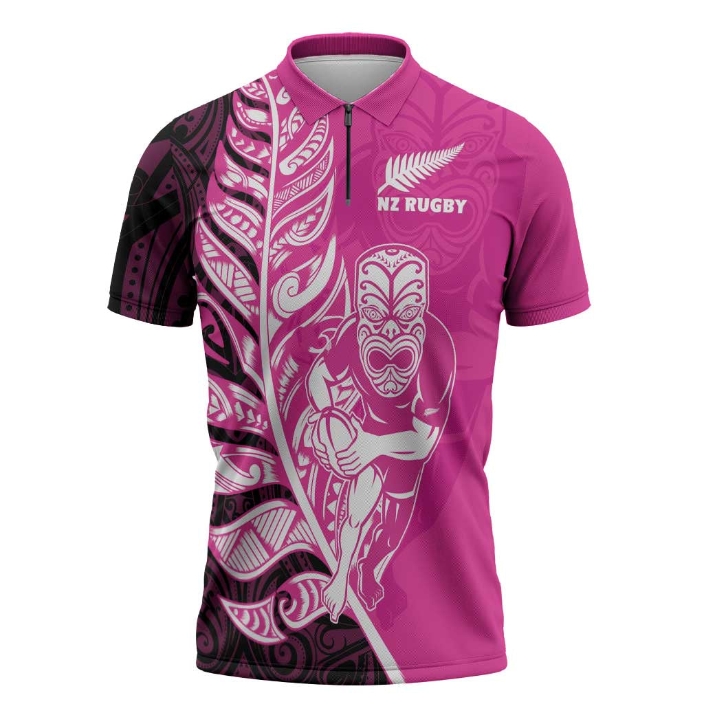 New Zealand Silver Fern Rugby Custom Zipper Polo Shirt All Black Maori Pattern Pink LT14 Pink - Polynesian Pride