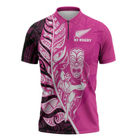 New Zealand Silver Fern Rugby Custom Zipper Polo Shirt All Black Maori Pattern Pink LT14 Pink - Polynesian Pride