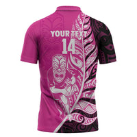 New Zealand Silver Fern Rugby Custom Zipper Polo Shirt All Black Maori Pattern Pink LT14 - Polynesian Pride