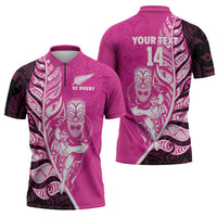 New Zealand Silver Fern Rugby Custom Zipper Polo Shirt All Black Maori Pattern Pink LT14 - Polynesian Pride