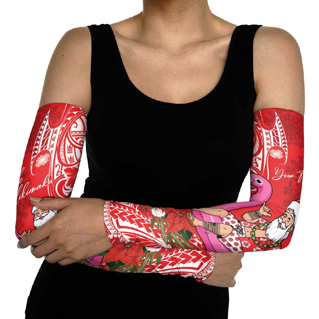 Personalized Hawaii Christmas Arm Sleeves Mele Kalikimaka Chilling Shaka Santa Flamingo - Polynesian Pride