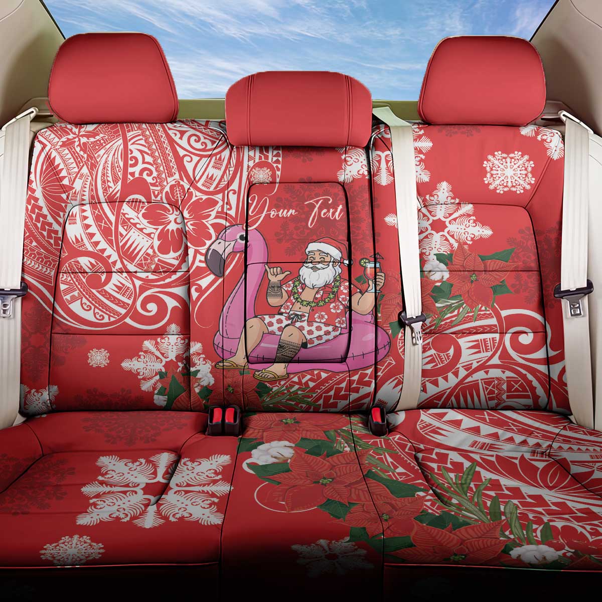 Personalized Hawaii Christmas Back Car Seat Cover Mele Kalikimaka Chilling Shaka Santa Flamingo LT14 One Size Red - Polynesian Pride