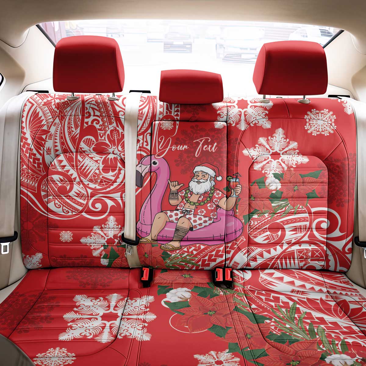 Personalized Hawaii Christmas Back Car Seat Cover Mele Kalikimaka Chilling Shaka Santa Flamingo LT14 - Polynesian Pride