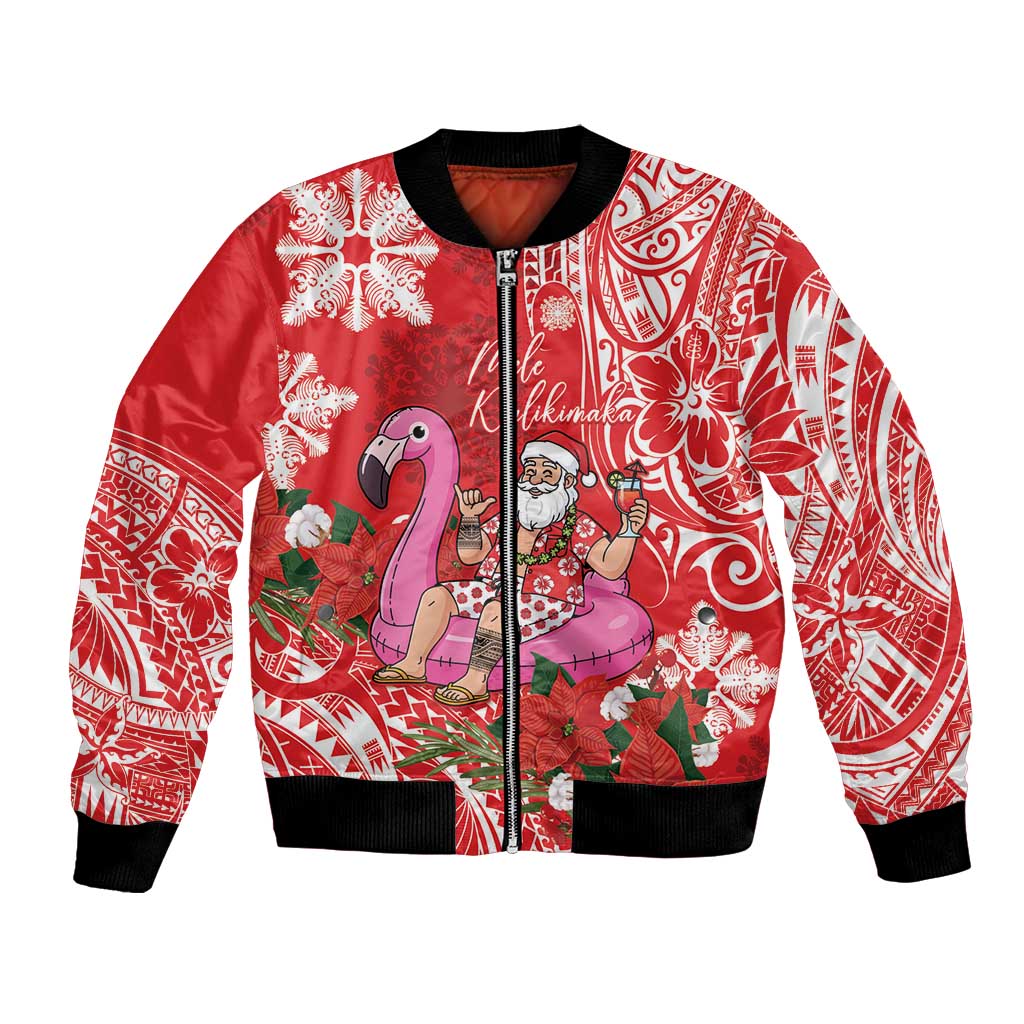 Personalized Hawaii Christmas Bomber Jacket Mele Kalikimaka Chilling Shaka Santa Flamingo LT14 Unisex Red - Polynesian Pride