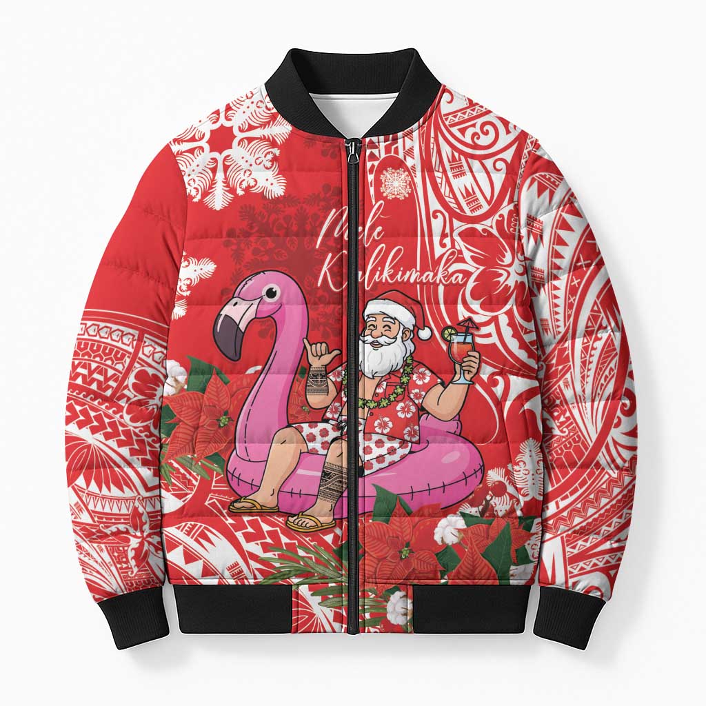 Personalized Hawaii Christmas Bomber Puffer Jacket Mele Kalikimaka Chilling Shaka Santa Flamingo LT14 Unisex Red - Polynesian Pride