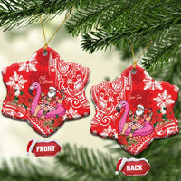 Personalized Hawaii Christmas Ceramic Ornament Mele Kalikimaka Chilling Shaka Santa Flamingo - Polynesian Pride