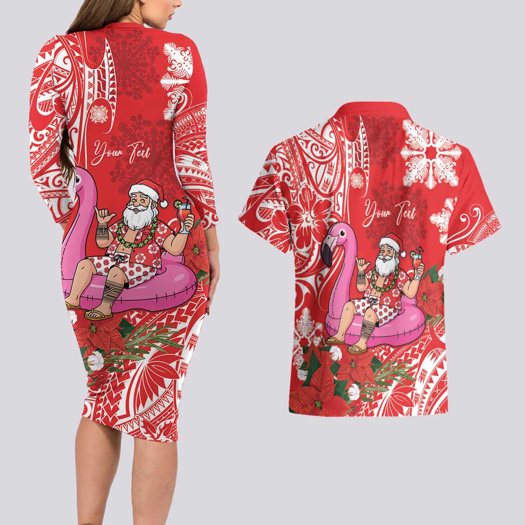 Personalized Hawaii Christmas Couples Matching Long Sleeve Bodycon Dress and Hawaiian Shirt Mele Kalikimaka Chilling Shaka Santa Flamingo - Polynesian Pride