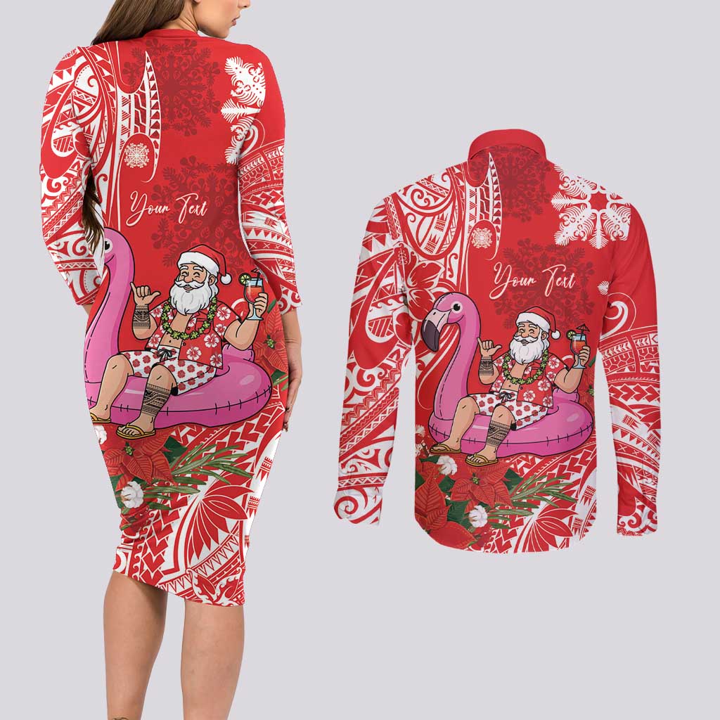 Personalized Hawaii Christmas Couples Matching Long Sleeve Bodycon Dress and Long Sleeve Button Shirt Mele Kalikimaka Chilling Shaka Santa Flamingo - Polynesian Pride