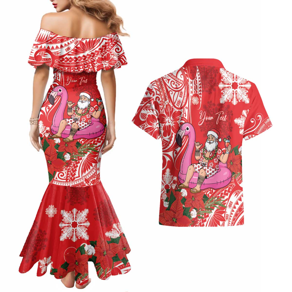 Personalized Hawaii Christmas Couples Matching Mermaid Dress and Hawaiian Shirt Mele Kalikimaka Chilling Shaka Santa Flamingo - Polynesian Pride