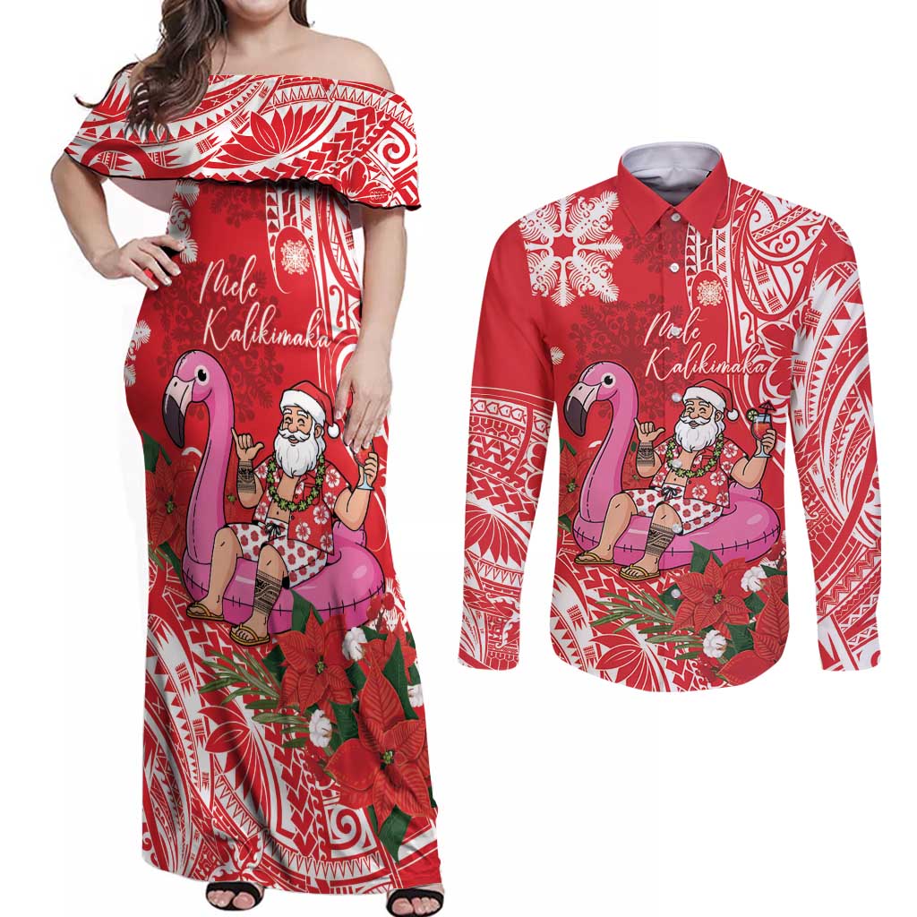 Personalized Hawaii Christmas Couples Matching Off Shoulder Maxi Dress and Long Sleeve Button Shirt Mele Kalikimaka Chilling Shaka Santa Flamingo - Polynesian Pride
