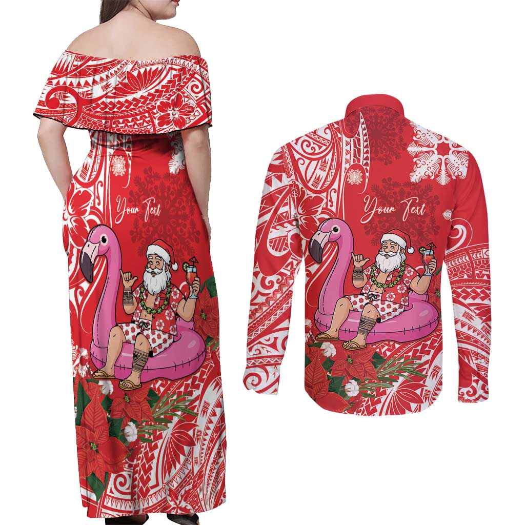 Personalized Hawaii Christmas Couples Matching Off Shoulder Maxi Dress and Long Sleeve Button Shirt Mele Kalikimaka Chilling Shaka Santa Flamingo - Polynesian Pride