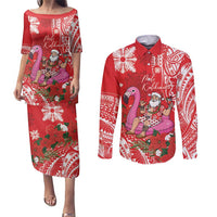 Personalized Hawaii Christmas Couples Matching Puletasi and Long Sleeve Button Shirt Mele Kalikimaka Chilling Shaka Santa Flamingo LT14 Red - Polynesian Pride