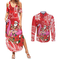 Personalized Hawaii Christmas Couples Matching Summer Maxi Dress and Long Sleeve Button Shirt Mele Kalikimaka Chilling Shaka Santa Flamingo - Polynesian Pride
