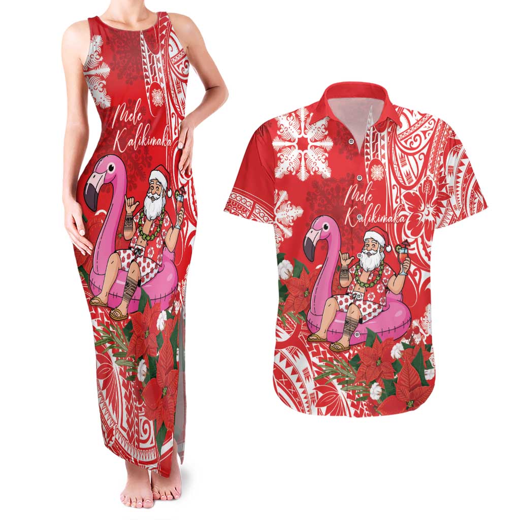 Personalized Hawaii Christmas Couples Matching Tank Maxi Dress and Hawaiian Shirt Mele Kalikimaka Chilling Shaka Santa Flamingo - Polynesian Pride
