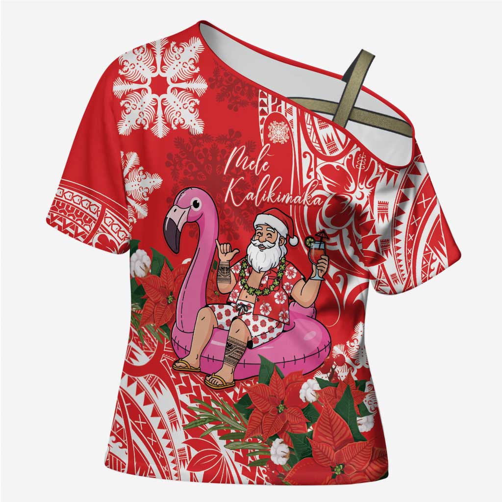 Personalized Hawaii Christmas Cross Shoulder Shirt Mele Kalikimaka Chilling Shaka Santa Flamingo LT14 Female Red - Polynesian Pride