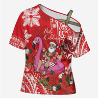 Personalized Hawaii Christmas Cross Shoulder Shirt Mele Kalikimaka Chilling Shaka Santa Flamingo LT14 Female Red - Polynesian Pride