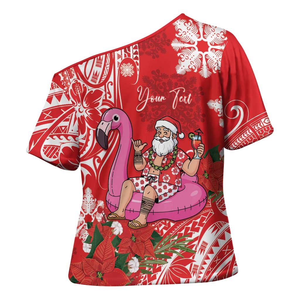 Personalized Hawaii Christmas Cross Shoulder Shirt Mele Kalikimaka Chilling Shaka Santa Flamingo LT14 - Polynesian Pride