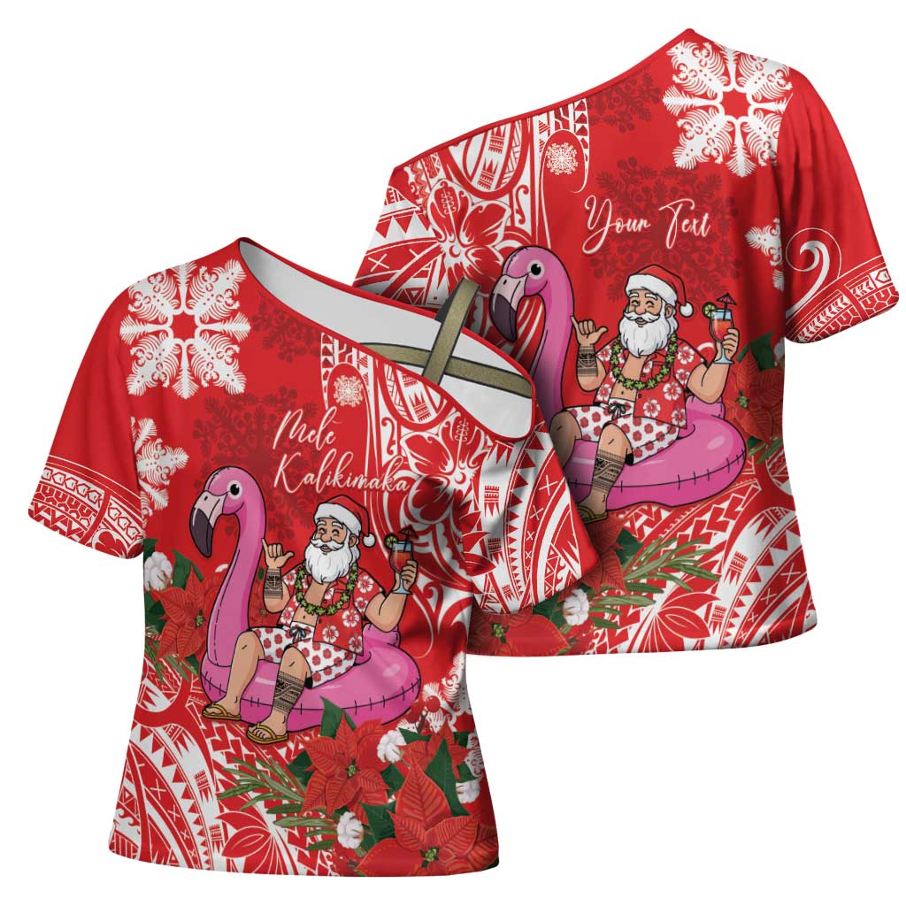 Personalized Hawaii Christmas Cross Shoulder Shirt Mele Kalikimaka Chilling Shaka Santa Flamingo LT14 - Polynesian Pride