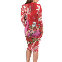Personalized Hawaii Christmas Family Matching Long Sleeve Bodycon Dress and Hawaiian Shirt Mele Kalikimaka Chilling Shaka Santa Flamingo - Polynesian Pride