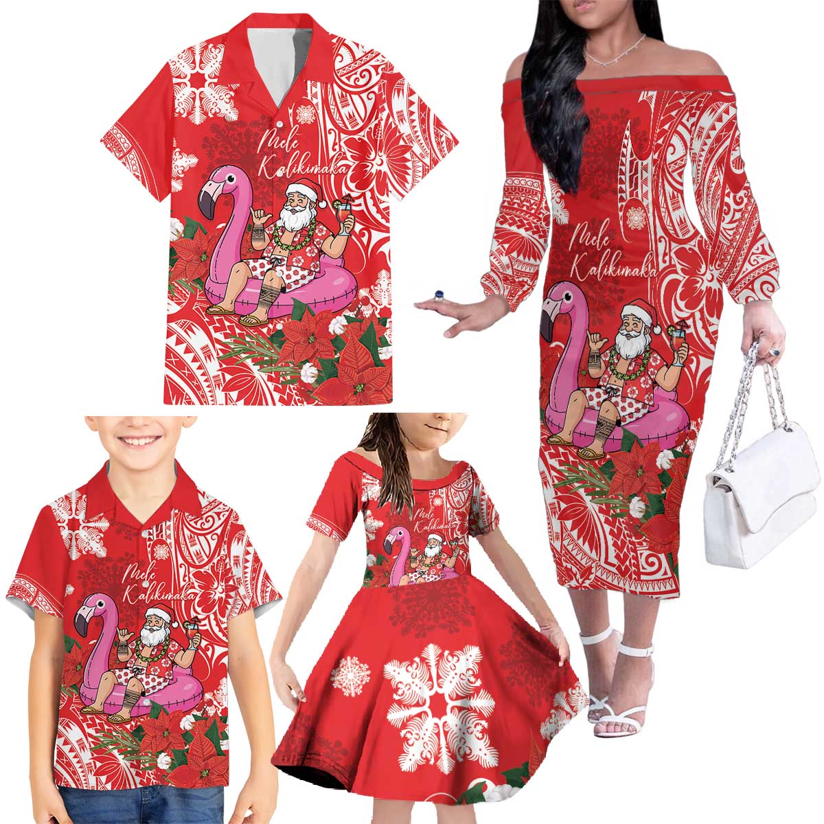 Personalized Hawaii Christmas Family Matching Off The Shoulder Long Sleeve Dress and Hawaiian Shirt Mele Kalikimaka Chilling Shaka Santa Flamingo - Polynesian Pride