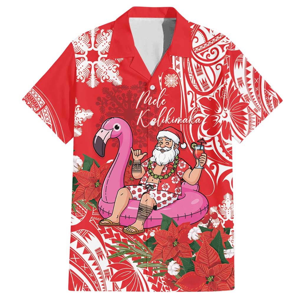 Personalized Hawaii Christmas Family Matching Off Shoulder Short Dress and Hawaiian Shirt Mele Kalikimaka Chilling Shaka Santa Flamingo - Polynesian Pride