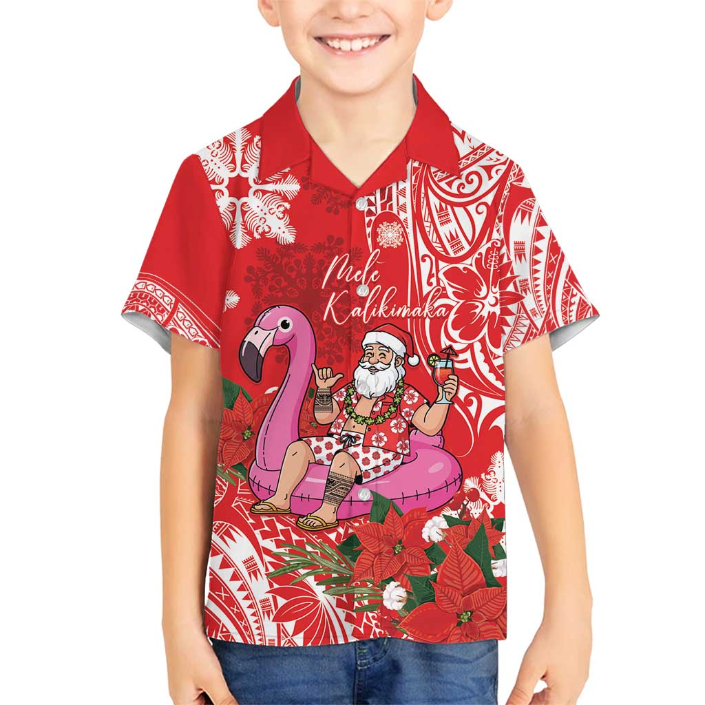 Personalized Hawaii Christmas Family Matching Puletasi and Hawaiian Shirt Mele Kalikimaka Chilling Shaka Santa Flamingo LT14 Son's Shirt Red - Polynesian Pride