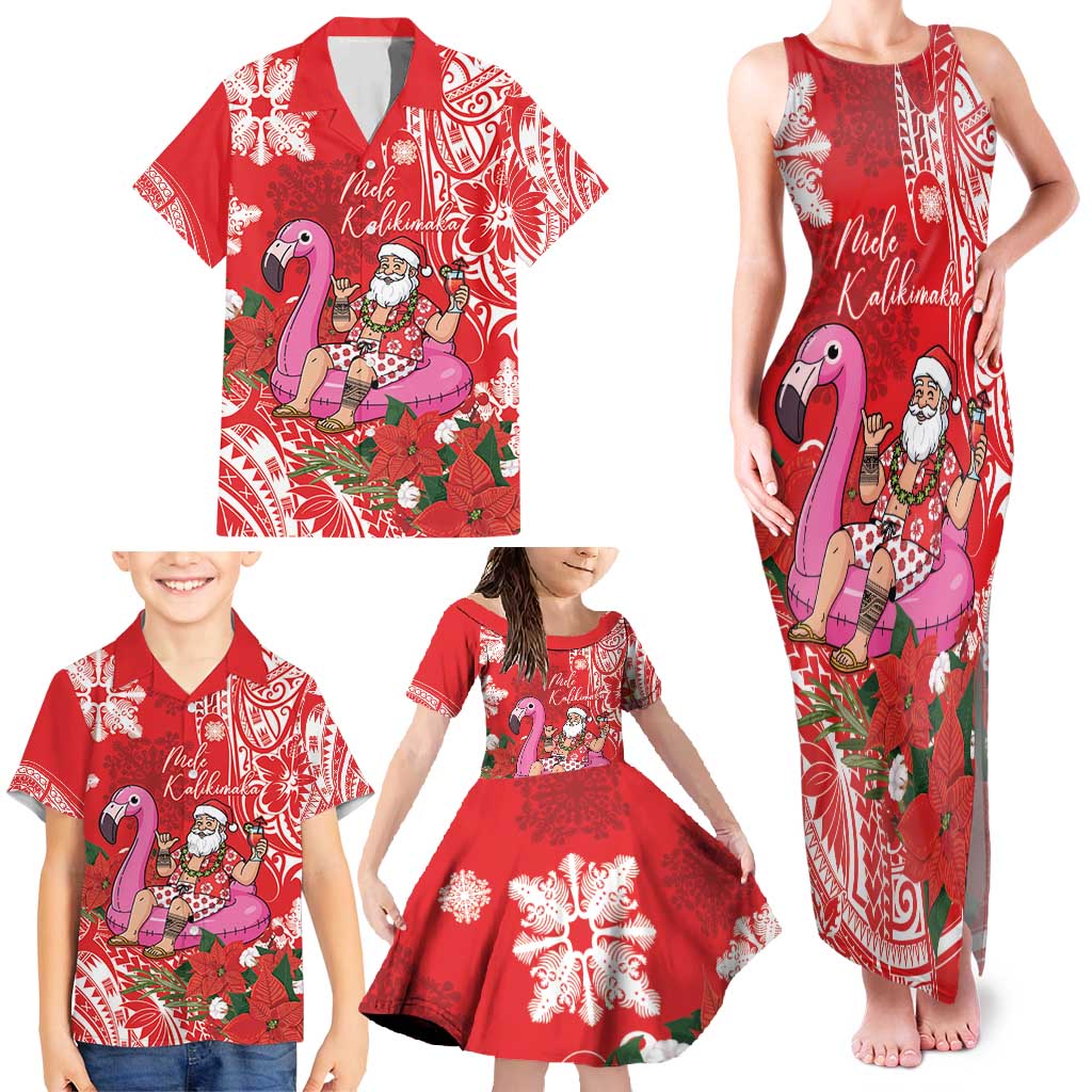 Personalized Hawaii Christmas Family Matching Tank Maxi Dress and Hawaiian Shirt Mele Kalikimaka Chilling Shaka Santa Flamingo - Polynesian Pride