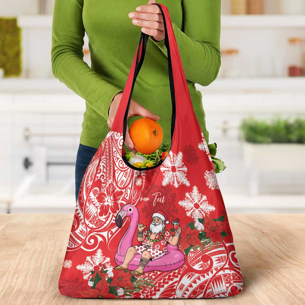 Personalized Hawaii Christmas Grocery Bag Mele Kalikimaka Chilling Shaka Santa Flamingo - Polynesian Pride