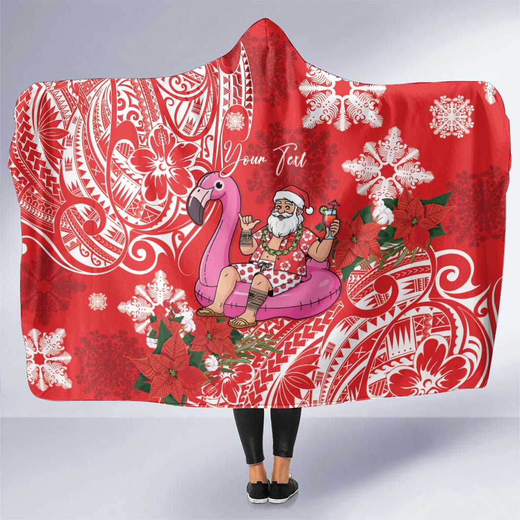 Personalized Hawaii Christmas Hooded Blanket Mele Kalikimaka Chilling Shaka Santa Flamingo LT14 One Size Red - Polynesian Pride