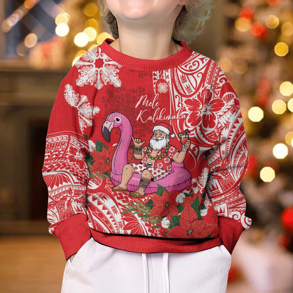 Personalized Hawaii Christmas Kid Ugly Christmas Sweater Mele Kalikimaka Chilling Shaka Santa Flamingo - Polynesian Pride