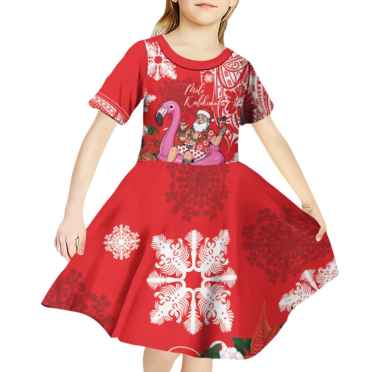 Personalized Hawaii Christmas Kid Short Sleeve Dress Mele Kalikimaka Chilling Shaka Santa Flamingo - Polynesian Pride