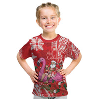 Personalized Hawaii Christmas Kid T Shirt Mele Kalikimaka Chilling Shaka Santa Flamingo - Polynesian Pride